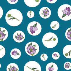 Purple verbena flowers and circles on blue background, pattern design