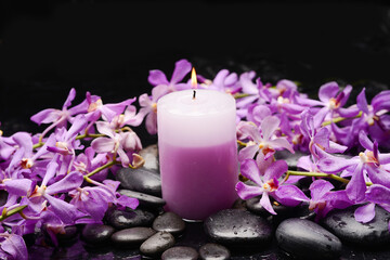 spa still life of with 
branch  orchid ,candle  and zen black stones wet background
