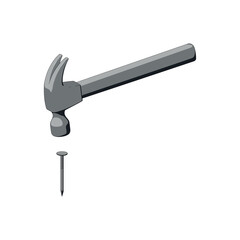 Color illustration hammer, nail on a white background. Vector illustration. Design element for poster, banner, advertisement, sticker. Carpenter's workshop. Service and repair.