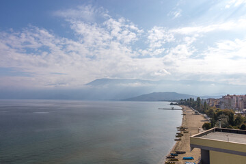 Panorama of Ohrid lake. Pogradec city, Albania. Balkans