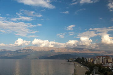 Panorama of Ohrid lake. Pogradec city, Albania. Balkans
