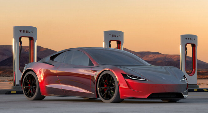 Tesla Roadster at fast charging station
