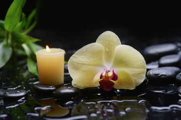 Naklejka na ściany i meble spa still life of with yellow orchid ,candle and zen black stones wet background 