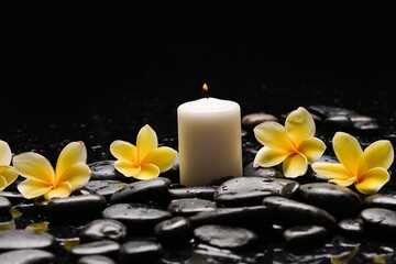 Fototapeta na wymiar spa still life of with yellow frangipani and green plants leaves white,candle with reflection 