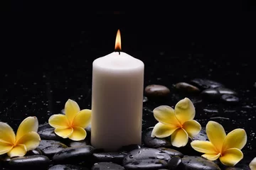 Schilderijen op glas spa still life of with yellow frangipani and  green plants leaves white,candle © Mee Ting