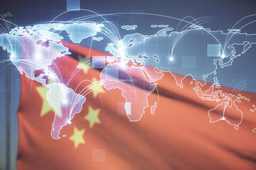 Double exposure of abstract digital world map hologram with connections on Chinese flag and sunset sky background, big data and blockchain concept