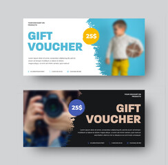 Gift voucher vector template, with brush stroke element, certificate creative design on white, black background, with photo. Set