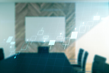 Multi exposure of virtual abstract financial graph interface on a modern coworking room background, financial and trading concept