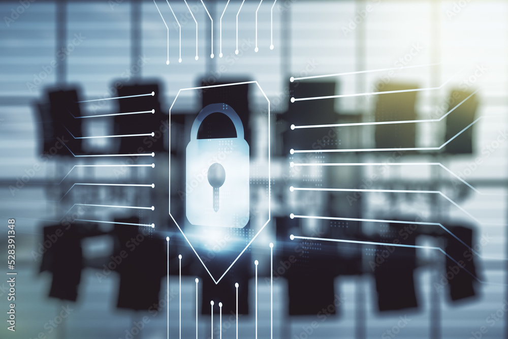 Poster virtual creative lock sketch with chip hologram on a modern boardroom background, protection of pers