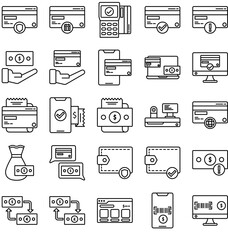 collection of bank, shop, supermarket payment icons both cash and non-cash