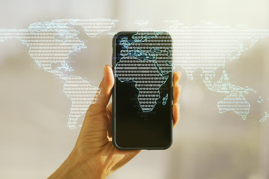 Multi exposure of abstract graphic world map and hand with mobile phone on background, big data and networking concept - Powered by Adobe