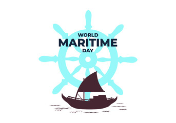 World maritime day background with ship and big steer wheel.