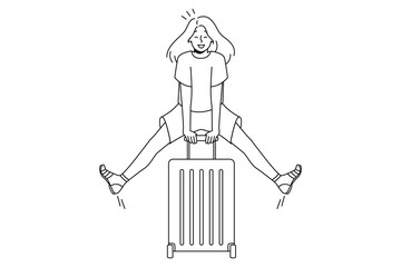 Excited young woman with suitcase feeling joyful with summer vacation. Smiling girl ready for summertime holidays. Vector illustration. 