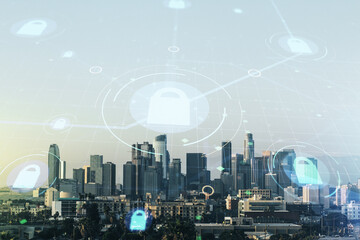 Virtual creative lock illustration with microcircuit on Los Angeles cityscape background, cyber security concept. Multiexposure