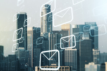 Abstract virtual postal envelopes illustration on Los Angeles skyline background. Email and communications concept. Multiexposure