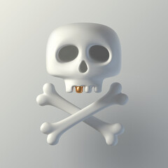 Human cartoon skull with golden tooth and crossbones. 3d render skull. Vector illustration.