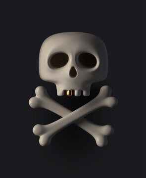 Human cartoon skull with golden tooth and crossbones on black background. 3d render skull. Vector illustration.