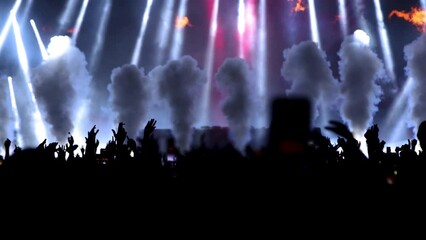 Flame and smoke on the DJ party concert stage, silhouettes of fans with hands up - Powered by Adobe