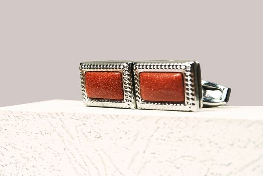 Macro Silver Red Men Sleeve Button Isolated Shiny Glitter Stone In Metal Cuff Link Male Accessory