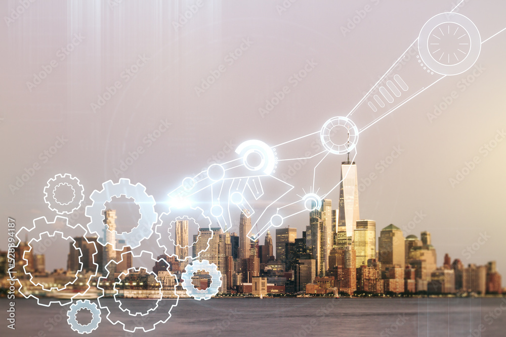Aufkleber abstract virtual robotics technology sketch on manhattan office buildings background, future technol