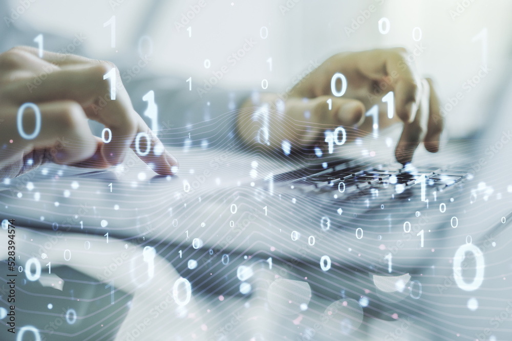 Aufkleber creative concept of binary code illustration and hands typing on laptop on background. big data and 