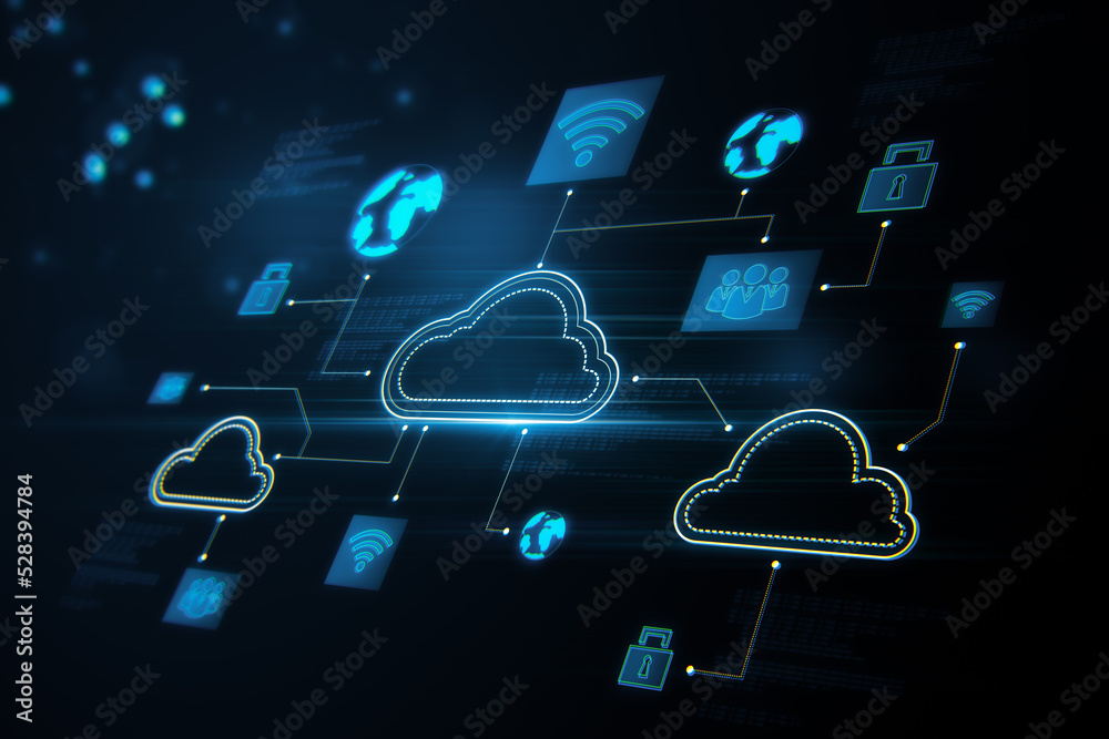 Aufkleber Creative digital cloud computing backdrop. Cloud data and service concept. 3D Rendering.
