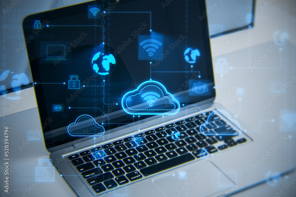 Poster Close up of laptop computer at workplace with creative digital cloud computing hologram on blurry background. Cloud data and service concept. 3D Rendering.