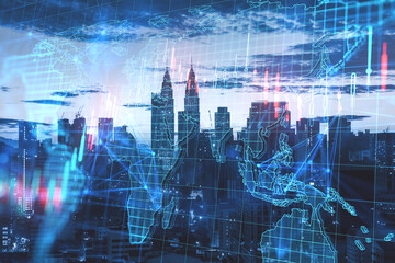 Creative forex grid map on blurry dark city and sky background. Trade, finance, market and invest concept. Double exposure.