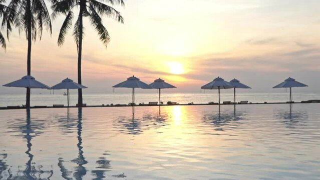 Sunset Above Caribbean Sea, Parasols and Swimming Pool of Affluent Tropical Resort