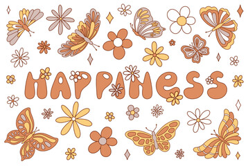 70s retro groovy set with vintage boho butterfies, daisy flowers and lettering Happiness. Vector illustration