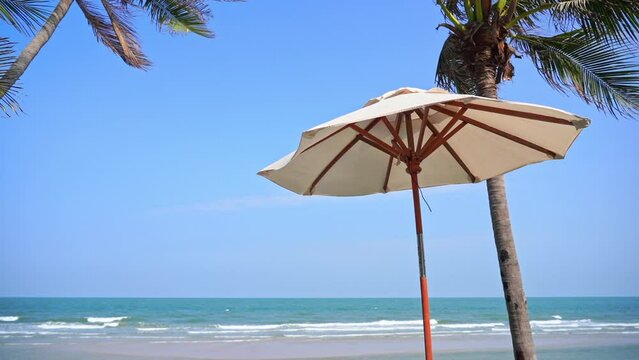 Tropical Breeze, Coconut and Palm Tree, Parasol and Waves Breaking on Sandy Beach