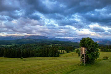 Fototapeta na wymiar Countryside landscape in Podhale region in Tatras Mountains in Poland. Drone view.