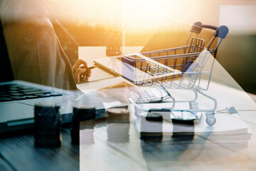 Woman accountant use calculator and computer with holding pen on