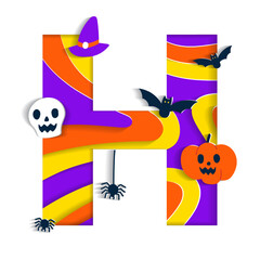 Happy Halloween H Alphabet Party Font Typography Character Cartoon Spooky Horror with colorful 3D Layer Paper Cutout Type design celebration vector Illustration Skull Pumpkin Bat Witch Hat Spider Web