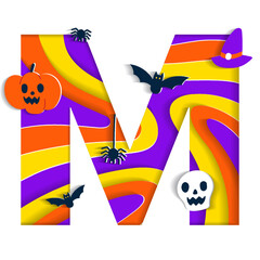 Happy Halloween M Alphabet Party Font Typography Character Cartoon Spooky Horror with colorful 3D Layer Paper Cutout Type design celebration vector Illustration Skull Pumpkin Bat Witch Hat Spider Web