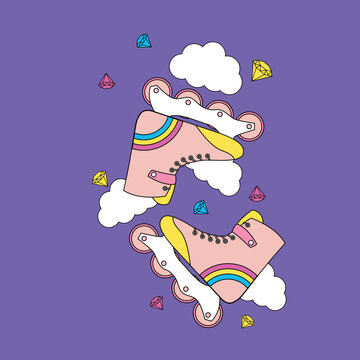 Vector Poster With Falling Roller Skates. Sports Poster. Bright Poster With Rollers And Clouds