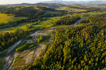 Przelom Bialki natural reserve in Podhale, Poland. Aerial Drone view