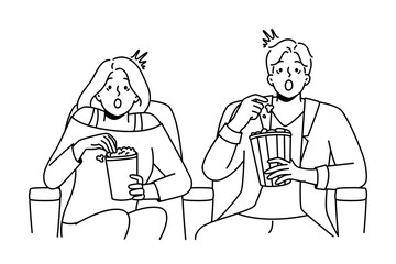 Couple eat popcorn enjoy movie in cinema. Emotional man and woman feel stunned with film in theater. Entertainment and weekend. Vector illustration. 