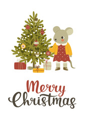 Greeting card with mouse dresses up a Christmas tree. Cute vector print with calligraphy lettering.