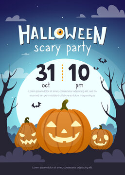 Halloween night party poster with pumpkin lanterns. Halloween night invitation template.
