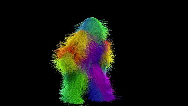 Funny hairy multicolored monster man character dancing . Furry beast having dancing, fur bright funny fluffy character, snowman, seamless motion design. With Alpha channel.