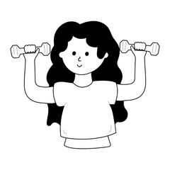 Vector illustration of doodle cartoon woman doing workout with dumbbells.Workout and sports training concept