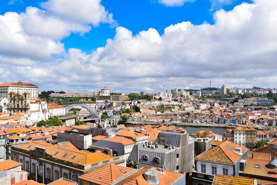 Distant view of the Don Luis I bridge and cityscape, Porto, Portugal