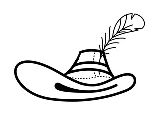 Cowboy hat with feather. Vector linear doodle drawing.