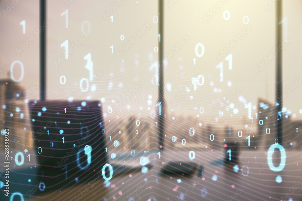 Poster creative abstract binary code hologram and modern desktop with pc on background, ai and machine lear