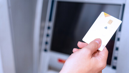 Atm machine cash. Money bank credit card holding hand. Withdraw money cash from atm. Bank credit...
