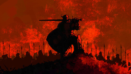 A knight in a helmet with horns stands on a hill with a sword and shield, behind him an army on a red background. 2d illustration