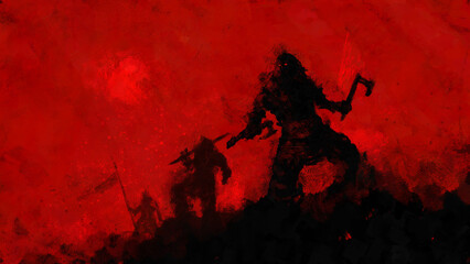Vikings stand on a hill ready for battle, armed with axes, swords and spears on a red background. 2d illustration