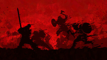 Viking warriors rushed to attack the defenders on a red background. 2d illustration - obrazy, fototapety, plakaty