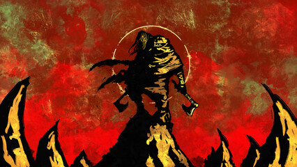 A furious viking warrior stands on a hill with two axes on a red background. 2d illustration